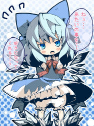 Rule 34 | 1girl, arms behind back, bad id, bad pixiv id, bloomers, blue dress, blue eyes, blue hair, blush stickers, bow, cirno, dress, flying sweatdrops, hair bow, halftone, halftone background, highres, ice, ice wings, looking at viewer, matching hair/eyes, open mouth, shunsuke, solo, speech bubble, standing, touhou, translation request, underwear, upskirt, wings