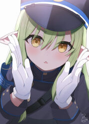 Rule 34 | 1girl, black hat, blue archive, commentary request, gloves, green hair, hair between eyes, hat, hikari (blue archive), highres, long hair, looking at viewer, nishi yasuaki, pointy ears, simple background, solo, uniform, upper body, white background, white gloves, yellow eyes