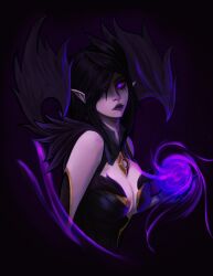 Rule 34 | 1girl, absurdres, bare shoulders, black hair, breasts, cleavage, cropped torso, from side, hair over one eye, highres, large breasts, league of legends, long hair, looking at viewer, magic, max (max5swell), morgana (league of legends), pink eyes, pointy ears, purple lips, solo, upper body, wings