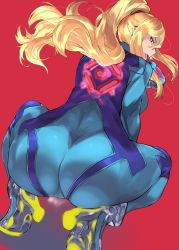 Rule 34 | 1girl, ass, back, blonde hair, blue bodysuit, blue eyes, bodysuit, breasts, cafekun, heart, heart-shaped pupils, high heels, high ponytail, highres, huge ass, large breasts, long hair, looking at viewer, looking back, metroid, naughty face, nintendo, open mouth, red background, samus aran, sidelocks, skin tight, solo, squatting, steam, super smash bros., symbol-shaped pupils, thick thighs, thighs, tongue, tongue out, wide hips, zero suit