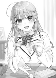 Rule 34 | 1girl, :d, ahoge, bekotarou, blazer, blurry, blurry background, blush, bow, bowtie, breasts, chopsticks, collared shirt, commentary, eyelashes, feeding, fingernails, food, greyscale, hair bow, hands up, holding, holding chopsticks, incoming food, indoors, jacket, large breasts, long hair, long sleeves, looking at viewer, monochrome, omelet, open mouth, original, pov, pov across table, school uniform, shirt, smile, solo, soup, table, uniform, upper body, wing collar