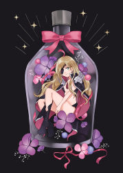 Rule 34 | 1girl, black background, black cape, blonde hair, bottle, breasts, cape, cleavage, closed mouth, eyepatch, floating hair, flower, full body, green eyes, in bottle, in container, long hair, looking at viewer, medium breasts, mini person, minigirl, no headwear, othinus, pink flower, pink ribbon, purple flower, ribbon, solo, toaru majutsu no index, very long hair, zarutsu