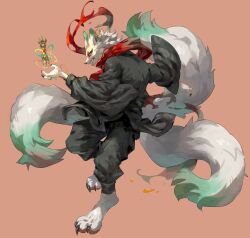 Rule 34 | 1boy, animal ears, barefoot, black jacket, black nails, black pants, blue eyes, body fur, claws, colored sclera, digitigrade, dynamic pose, ear piercing, eyeshadow, fewer digits, floating, floating object, fox boy, fox ears, fox tail, from side, full body, furry, furry male, highres, jacket, long sleeves, looking at viewer, makeup, male focus, multiple tails, open mouth, orange eyeshadow, orange sclera, original, pants, piercing, pink background, profile, red scarf, scarf, sharp teeth, simple background, solo, standing, standing on one leg, tail, teeth, torn clothes, torn scarf, white fur, xiaopizi32439