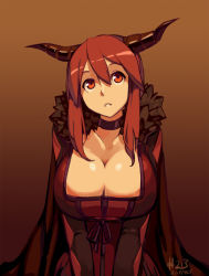 Rule 34 | 10s, 1girl, 2013, breasts, cape, choker, cleavage, cleavage cutout, clothing cutout, dated, dress, fake horns, fur trim, gradient background, horns, junkpuyo, large breasts, long hair, maou (maoyuu), maoyuu maou yuusha, red eyes, red hair, solo, v arms