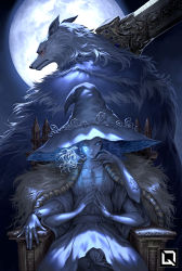 Rule 34 | 1boy, 1girl, armchair, blaidd the half-wolf, blue skin, blue theme, cape, chair, cloak, colored skin, cracked skin, dress, elden ring, extra arms, extra faces, fingers together, fur cape, fur cloak, glowing tattoo, greatsword, hat, hat ornament, huge weapon, kuroi-tsuki, large hat, moon, night, over shoulder, own hands together, ranni the witch, sitting, sword, weapon, weapon over shoulder, witch hat, wolf boy, wreath