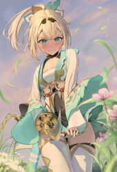 Rule 34 | 1girl, absurdres, aqua eyes, blonde hair, blurry, blush, chest sarashi, clenched teeth, covered navel, depth of field, embarrassed, flower, from below, hair between eyes, hairband, haori, highres, hololive, japanese clothes, katana, kazama iroha, looking at viewer, medium hair, miniskirt, pointing weapon, remi (rem67763852), sarashi, scabbard, sheath, shrug (clothing), skirt, solo, sword, tears, teeth, thighhighs, virtual youtuber, weapon, white thighhighs, wind, zettai ryouiki
