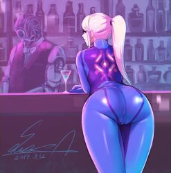 Rule 34 | 1girl, 2019, alcohol, ass, bar (place), bartender, blonde hair, blue eyes, bodysuit, cameltoe, curvy, drink, female focus, glass, huge ass, long hair, looking back, martini, metroid, nintendo, ponytail, robot, samus aran, shiny clothes, skin tight, thick thighs, thighs, wide hips, zero suit