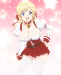 Rule 34 | 1girl, absurdres, belt, blonde hair, blue eyes, blush, breasts, choker, cleavage, collarbone, dirndl, german clothes, hair ornament, hair ribbon, hand on own hip, highres, large breasts, long sleeves, looking at viewer, open mouth, red choker, red ribbon, red skirt, ribbon, screencap, shirt, skirt, smile, stitched, thick thighs, thighhighs, thighs, third-party edit, twintails, white shirt, white thighhighs, x hair ornament, yuna yunis, yuusha ga shinda!