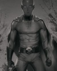 Rule 34 | 1boy, bag, bald, blank stare, cape, clenched hand, greyscale, male focus, monochrome, one-punch man, saitama (one-punch man), shopping bag, solo, stanley lau, superhero costume