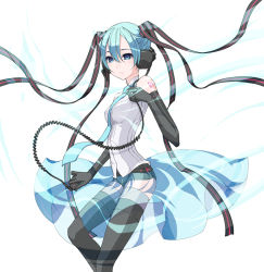 Rule 34 | 1girl, adapted costume, alternate costume, aqua hair, belt, black gloves, black thighhighs, cable, closed mouth, collared shirt, gloves, hair between eyes, hair ornament, hair ribbon, hatsune miku, headphones, headset, holding, holding microphone, kazuoki, microphone, necktie, overskirt, ribbon, see-through, shirt, short shorts, shorts, sleeveless, sleeveless shirt, solo, tattoo, thighhighs, vocaloid, white background