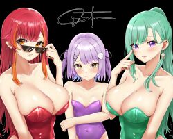 Rule 34 | 3girls, absurdres, bare shoulders, black background, blue hair, blunt bangs, breasts, cleavage, collarbone, covered navel, earrings, fang, flat chest, frown, ghost hair ornament, green hair, green leotard, hair flaps, hair ornament, highleg, highleg leotard, highres, jewelry, large breasts, leotard, long hair, looking at viewer, mole, mole on breast, multicolored hair, multiple girls, nekota tsuna, orange eyes, orange hair, playboy bunny, prsdubstep, purple eyes, purple hair, purple leotard, red hair, red leotard, revealing clothes, shinomiya runa, short hair, signature, skin fang, smile, strapless, strapless leotard, streaked hair, sunglasses, swept bangs, two side up, very long hair, virtual youtuber, vspo!, x hair ornament, yakumo beni, yellow eyes
