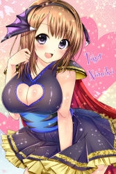 Rule 34 | 1girl, :d, armor, bat wings, blush, breasts, brown hair, cape, cleavage, cleavage cutout, clothing cutout, gradient background, hair ornament, hairband, heart, heart background, large breasts, nonoko, open mouth, pauldrons, purple eyes, real life, short hair, shoulder armor, sleeveless, smile, solo, sparkle, wings, wrestling outfit, yomogi (becr)