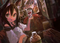 Rule 34 | 1girl, absurdres, animal ear fluff, animal ears, black hair, bottle, brown eyes, chair, cup, dark, drink, drinking glass, dutch angle, fox ears, fox girl, hand on own stomach, happy, highres, holding, holding drink, ice, ice cube, indoors, kaamin (mariarose753), long hair, looking at viewer, looking to the side, open mouth, original, sitting, sketch, smile, solo, table, window