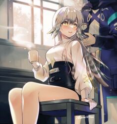 Rule 34 | 1girl, 1other, arknights, arm support, artist name, black shorts, blue jacket, blush, breasts, brushing another&#039;s hair, brushing hair, commentary, commission, cup, doctor (arknights), fartooth (arknights), feather hair, feet out of frame, grey hair, hair brush, head out of frame, high-waist shorts, holding, holding cup, holding hair brush, indoors, jacket, long hair, looking at another, looking back, medium breasts, mug, nitou akane, on chair, open mouth, shirt, shorts, sitting, skeb commission, white shirt, window, yellow eyes