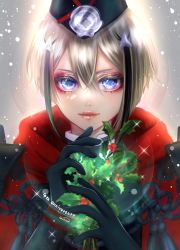Rule 34 | 1boy, absurdres, black hair, blonde hair, blue eyes, cape, closed mouth, gloves, grey background, hat, highres, hyuuga masamune, long sleeves, looking at viewer, male focus, mistletoe, multicolored hair, red cape, short hair, solo, touken ranbu, zasikirou