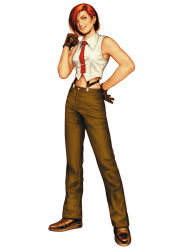 Rule 34 | 1girl, blue eyes, clenched hand, female focus, full body, gloves, grin, hand on own hip, highres, hip focus, midriff, mori toshiaki, necktie, non-web source, official art, pants, red hair, shirt, short hair, smile, snk, solo, standing, suspenders, the king of fighters, the king of fighters 2000, transparent background, vanessa (kof), white shirt