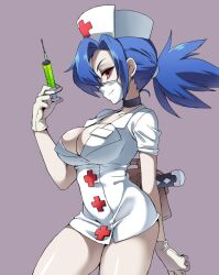 Rule 34 | belt pouch, blue hair, breasts, choker, collarbone, gloves, hair over one eye, half-closed eyes, hat, large breasts, latex, latex gloves, looking at viewer, mouth mask, nurse cap, ponytail, pouch, purple background, red eyes, shouni (sato3), skullgirls, smile, surgical mask, syringe, valentine (skullgirls)