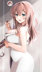 Rule 34 | 1girl, absurdres, alternate hairstyle, bare shoulders, blush, breasts, brown hair, chibi, chibi inset, cleavage, green eyes, hair down, highres, kantai collection, large breasts, looking at viewer, naked towel, nude, saratoga (kancolle), solo, source request, towel, yunamaro
