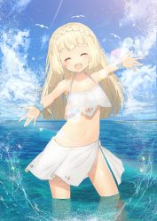 Rule 34 | 1girl, ^ ^, absurdres, akamizuki (akmzk), bare shoulders, bikini, bird, blonde hair, blue sky, blunt bangs, blush, braid, closed eyes, cloud, creatures (company), day, french braid, game freak, happy, highres, lillie (pokemon), long hair, looking at viewer, navel, nintendo, ocean, open mouth, partially submerged, pokemon, pokemon (anime), pokemon sm, pokemon sm (anime), scrunchie, sky, solo, sparkle, splashing, swimsuit, wading, water