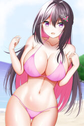 1girl azki_(hololive) beach bikini black_hair breasts cleavage collarbone colored_inner_hair cowboy_shot day gluteal_fold hair_between_eyes hair_ornament highres hololive large_breasts long_hair looking_at_viewer multicolored_hair nabeshiita_(atsuryoku_nabe) navel ocean outdoors pink_bikini pink_hair purple_eyes sidelocks smile solo standing streaked_hair swimsuit thigh_gap virtual_youtuber white_hair