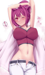 Rule 34 | absurdres, breasts, camisole, crop top, highres, jacket, jacket on shoulders, large breasts, midriff, navel, one eye closed, open fly, pants, ponytail, purple eyes, purple hair, smile, soukitsu, stretching, under night in-birth, white pants, yuzuriha (under night in-birth)