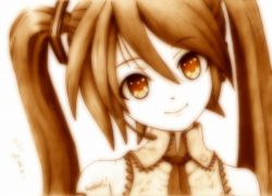 Rule 34 | 1girl, female focus, godees, hatsune miku, headset, long hair, monochrome, necktie, sepia, signature, sketch, sleeveless, smile, solo, traditional media, twintails, upper body, vocaloid, white background