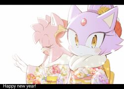 Rule 34 | 2girls, amy rose, animal ears, blaze the cat, cat ears, cat girl, closed eyes, floral print, flower, forehead jewel, furry, furry female, gloves, hair flower, hair ornament, highres, japanese clothes, kimono, looking at viewer, multiple girls, open mouth, ponytail, posojo123, sonic (series), white gloves, yellow eyes