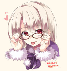 Rule 34 | 1girl, 2016, :p, adjusting eyewear, aoi masami, bespectacled, blonde hair, dated, fate/kaleid liner prisma illya, fate (series), fur trim, glasses, heart, illyasviel von einzbern, long hair, long sleeves, looking at viewer, portrait, red-framed eyewear, red eyes, solo, tongue, tongue out, twitter username