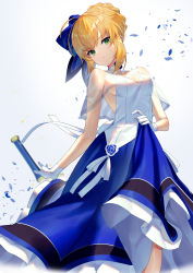 Rule 34 | 1girl, absurdres, ahoge, artoria pendragon (all), artoria pendragon (fate), bare shoulders, blonde hair, blue bow, blue dress, bow, braid, breasts, commentary request, dress, fate/grand order, fate (series), frown, gloves, green eyes, grey background, hair bow, hair ribbon, highres, looking at viewer, medium breasts, official alternate costume, ribbon, saber (fate), scottie (phantom2), simple background, solo, weapon, white dress, white gloves