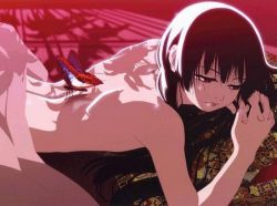 Rule 34 | 00s, 1girl, black hair, blunt bangs, bug, butterfly, enma ai, hime cut, insect, jigoku shoujo, jpeg artifacts, official art, red eyes, solo, topless