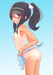 Rule 34 | 1girl, black hair, blue background, blush, bow, bracelet, breasts, character request, clothes lift, copyright request, dated, female focus, glasses, gradient background, hair bow, highres, jewelry, md5 mismatch, milkmochi, nipples, no panties, one-piece tan, ponytail, red-framed eyewear, semi-rimless eyewear, signature, skirt, skirt lift, small breasts, smile, solo, tan, tanline, topless, webp-to-png conversion