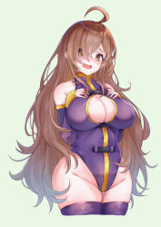 Rule 34 | 1girl, adapted costume, ahoge, blue background, blush, breasts, brown eyes, brown hair, cleavage, cleavage cutout, clothing cutout, commentary, cowboy shot, curvy, detached sleeves, embarrassed, eyelashes, groin, hair between eyes, hands on own chest, kono subarashii sekai ni shukufuku wo!, large breasts, leotard, long hair, looking at viewer, m.tokotsu, open mouth, plump, purple leotard, purple thighhighs, simple background, skindentation, solo, thick thighs, thighhighs, thighs, wide hips, wiz (konosuba)