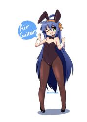 Rule 34 | 10s, 1girl, 2016, ;d, ahoge, animal ears, bad id, bad twitter id, bare shoulders, blue hair, bow, bowtie, cosplay, covered navel, dated, fake animal ears, green eyes, hairband, hirano aya, izumi konata, long hair, long sleeves, lucky star, mizushima (p201112), mole, mole under eye, one eye closed, open mouth, pantyhose, playboy bunny, rabbit ears, simple background, smile, solo, suzumiya haruhi, suzumiya haruhi (cosplay), suzumiya haruhi no yuuutsu, very long hair, voice actor connection, white background, wrist cuffs