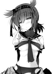 Rule 34 | 10s, 1girl, puff of air, ai takurou, anchor symbol, arms behind back, blush, breasts, closed mouth, clothes lift, cowboy shot, expressionless, eyebrows, greyscale, groin, hair between eyes, hair flaps, hairband, hatsuzuki (kancolle), head tilt, kantai collection, looking at viewer, medium breasts, monochrome, navel, neckerchief, pantyhose, ponytail, puffy short sleeves, puffy sleeves, short sleeves, simple background, sketch, solo, stomach, torn clothes, torn pantyhose, underboob, white background