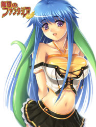 Rule 34 | animal ears, bare shoulders, blue hair, blush, breasts, corset, front-tie top, huge breasts, ikeda yasuhiro, lace up front, large breasts, long hair, lowres, midriff, miniskirt, mugen no fantasia, navel, purple eyes, simple background, skirt, solo, tail