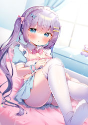 Rule 34 | 1girl, ass, bed, bedroom, blue eyes, blue skirt, blue sleeves, blush, bow, breasts, cameltoe, cleavage, clothes lift, dressing, feet, hair bow, hair ornament, hairclip, highres, knee up, legs, lifting own clothes, long hair, looking at viewer, maid headdress, midriff, miniskirt, no shoes, oppai loli, original, panties, pantyshot, pink shirt, pulling own clothes, purple hair, ribbon, shirt, short sleeves, sitting, skirt, skirt lift, soles, solo, thighhighs, thighhighs pull, thighs, tsukimi mumi, twintails, underwear, very long hair, white panties, white thighhighs, window, wrist cuffs