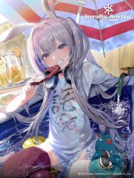 Rule 34 | 1girl, animal, animal ears, beach umbrella, blush, commentary request, copyright request, cup, dohyo123123, food, fruit, grey hair, grin, handheld game console, headphones, headphones around neck, highres, holding, hose, jug (bottle), long hair, official art, rabbit ears, rabbit girl, see-through, shirt, sitting, smile, solo, t-shirt, umbrella, very long hair, wading pool, water, wet, wet clothes, white shirt