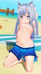 Rule 34 | 1girl, 3d, absurdres, animal ears, armpits, arms behind head, arms up, artist request, beach, beach towel, blue eyes, blue male swimwear, blue swim trunks, blurry, blurry background, blush, breasts, character request, day, exhibitionism, feet, female focus, fox ears, highres, kneeling, long hair, looking at viewer, male swimwear, male swimwear challenge, nipples, ocean, outdoors, print male swimwear, print swim trunks, print swimsuit, public indecency, sand, silver hair, small breasts, solo, swim trunks, swimsuit, tagme, tail, topless, towel, water