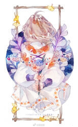 Rule 34 | 1girl, ahoge, blonde hair, blue flower, chinese commentary, circle, commentary request, cross-laced clothes, cross-laced dress, dress, floral print, flower, frilled sleeves, frills, from behind, holding, holding flower, huangpi sang, layered sleeves, leaf, long sleeves, medium hair, original, pink flower, pleated dress, puffy long sleeves, puffy sleeves, purple sweater, solo, sweater, watermark, weibo logo, weibo watermark, white background, white dress