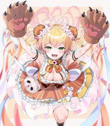 Rule 34 | 1girl, :d, absurdres, animal bag, animal ears, animal hands, arm garter, arm up, bag, bear bag, bear ears, bear paws, bell, blonde hair, blush, bow, bowtie, breasts, cleavage, cleavage cutout, clothing cutout, dress flower, flower, frilled shirt, frilled skirt, frills, gloves, gradient hair, green eyes, hair flower, hair ornament, handbag, highres, hololive, jingle bell, large breasts, layered skirt, long hair, looking at viewer, momosuzu nene, multicolored bowtie, multicolored hair, neck bell, open mouth, orange shirt, orange skirt, paw gloves, peach ornament, pink hair, shirt, skirt, sleeveless, sleeveless shirt, smile, solo, two side up, virtual youtuber, yellow skirt