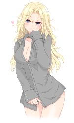 Rule 34 | 1girl, absurdres, blonde hair, breasts, cleavage, commentary request, cowboy shot, dress shirt, grey background, grey eyes, grey shirt, heart, highres, hornet (kancolle), kantai collection, large breasts, long hair, looking at viewer, nitamako (sakamalh), shirt, simple background, solo, standing, white background
