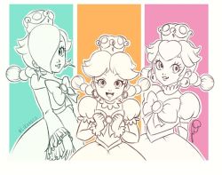 Rule 34 | 3girls, bow, braid, commentary, earrings, english commentary, frilled sleeves, frills, jewelry, lipstick, makeup, mario (series), multicolored background, multiple girls, new super mario bros. u deluxe, nintendo, peachette, princess daisy, rosalina, simple background, toadette, transformation, twin braids, twitter username