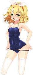 Rule 34 | 1girl, :o, armpits, bare arms, bare shoulders, blonde hair, blue one-piece swimsuit, blush, breasts, chestnut mouth, collarbone, commentary request, contrapposto, covered navel, cropped legs, gluteal fold, green eyes, groin, hair ribbon, hairband, highres, idolmaster, idolmaster cinderella girls, idolmaster cinderella girls starlight stage, korean commentary, legs apart, medium hair, nose blush, old school swimsuit, one-piece swimsuit, open mouth, reason (ficafe), red hairband, ribbon, sakurai momoka, school swimsuit, simple background, small breasts, smoke, solo, standing, swimsuit, thighhighs, undressing, water drop, wet, wet hair, white background, white ribbon, white thighhighs