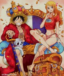 Rule 34 | 1boy, 1girl, anklet, bare legs, bead necklace, beads, bikini, bikini bottom only, black hair, chandllucky, clothes writing, coat, coin, couple, crown, earrings, finger to mouth, fur coat, fur trim, gold coin, hand on another&#039;s hip, hand on hilt, hat, highres, jewelry, long hair, looking at viewer, monkey d. luffy, nami (one piece), navel, necklace, one piece, open clothes, orange eyes, red coat, red hair, red shirt, scar, scar on chest, scar on face, shirt, short hair, short sleeves, shorts, skull and crossbones, smile, straw hat, swimsuit, sword, throne, tongue, tongue out, treasure chest, weapon, yellow shorts