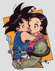 Rule 34 | 1boy, 1girl, age difference, artist request, chi-chi (dragon ball), child, commentary, dougi, dragon ball, dragon ball gt, flower, heart, highres, holding, hug, husband and wife, lifting another&#039;s clothes, monkey tail, motherly, one eye closed, open mouth, son goku, tail, toei animation