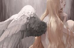Rule 34 | 12yun30, 1girl, angel wings, blonde hair, blood, blood from mouth, feathered wings, grey background, grey eyes, grey wings, highres, knees up, long hair, looking to the side, original, profile, red nails, sitting, solo, upper body, very long hair, wings