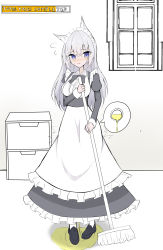 Rule 34 | 1girl, absurdres, animal ears, apron, black bow, black bowtie, black dress, black footwear, bladder, blue eyes, blush, bow, bowtie, breasts, broom, buttons, collared shirt, dress, embarrassed, english text, female focus, flying sweatdrops, fox ears, fox girl, frilled apron, frilled shirt, frills, full body, grey hair, hand up, highres, holding, holding broom, indoors, juliet sleeves, long hair, long sleeves, looking at viewer, maid, maid apron, maid headdress, medium breasts, nose blush, open mouth, original, partially colored, pee, peeing, peeing self, puddle, puffy sleeves, shirt, shoes, solo, speech bubble, standing, sweat, toya12011, trembling, urine meter, white apron, white legwear, white shirt, window