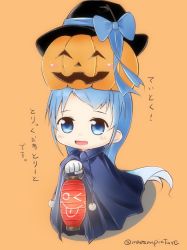 Rule 34 | 1girl, alternate costume, black cape, blue eyes, blue hair, cape, chibi, commentary request, hat, jack-o&#039;-lantern, kantai collection, lantern, mae (maesanpicture), orange background, pumpkin, samidare (kancolle), solo, swept bangs, translation request, twitter username, witch hat