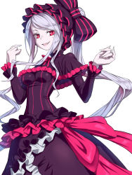 Rule 34 | 1girl, :d, blush, bow, breasts, capelet, commentary request, dress, fang, fingernails, frilled dress, frills, gothic lolita, hair bow, hands up, highres, kimagure blue, lolita fashion, long hair, long sleeves, looking at viewer, medium breasts, open mouth, overlord (maruyama), pale skin, ponytail, purple bow, purple capelet, purple dress, red eyes, revision, shalltear bloodfallen, sharp fingernails, silver hair, simple background, smile, solo, striped, striped bow, swept bangs, very long hair, white background