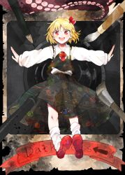 Rule 34 | 1girl, :d, black skirt, black vest, blonde hair, collared shirt, commentary request, english text, frilled shirt collar, frills, hair ribbon, highres, itomugi-kun, long sleeves, open mouth, outstretched arms, paintbrush, pants, pen, pencil, red eyes, red footwear, red ribbon, ribbon, rumia, shirt, short hair, skirt, smile, solo, spread arms, teeth, touhou, upper teeth only, vest, white pants, white shirt